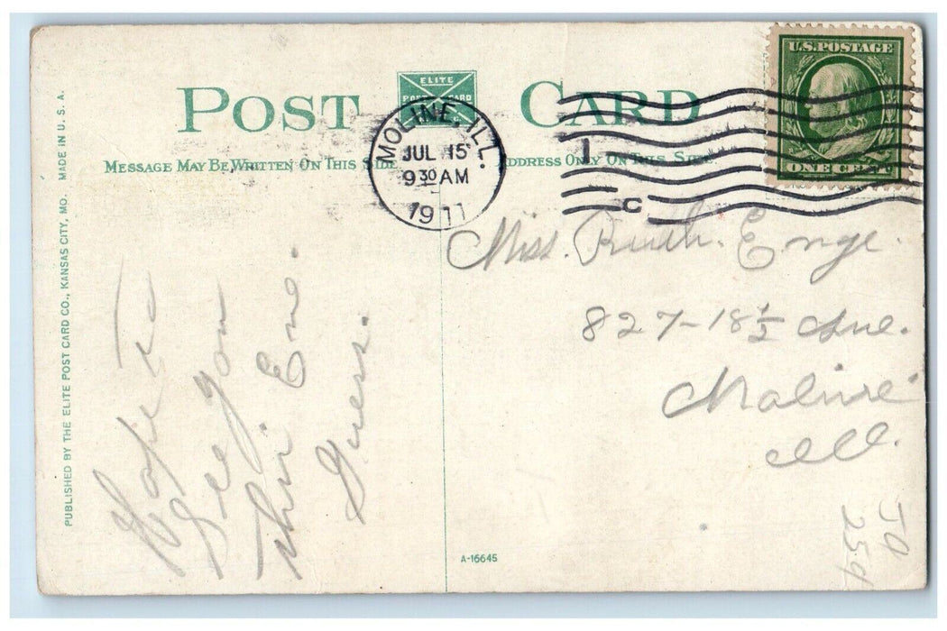 1911 Paseo North from Armour Boulevard at Moonlight Kansas City MO Postcard