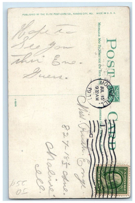 1911 Paseo North from Armour Boulevard at Moonlight Kansas City MO Postcard
