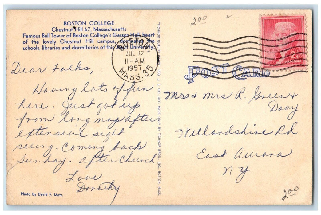 1957 Bell Tower Boston College Chestnut Hill Massachusetts MA Posted Postcard
