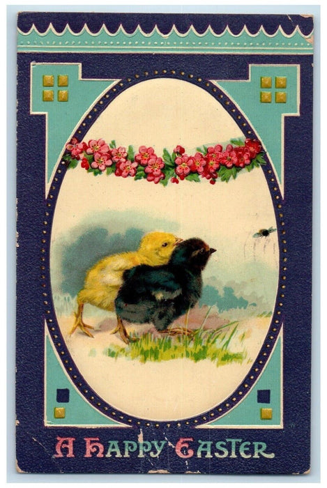 c1910's Happy Easter Egg Chicks Pink Flowers Embossed Oelwein Iowa IA Postcard