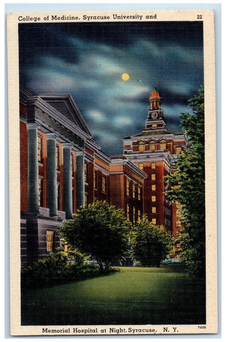 College Of Medicine Syracuse University & Memorial Hospital At Night NY Postcard