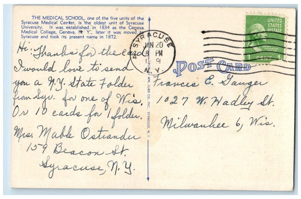 College Of Medicine Syracuse University & Memorial Hospital At Night NY Postcard