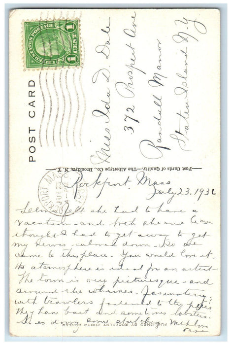 1936 Boat Canoe The Heart of Art Colony Rockport Massachusetts MA Postcard