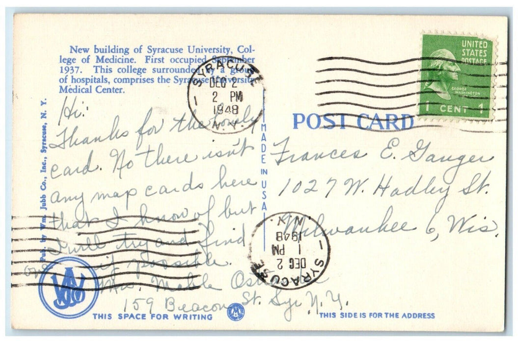 1948 College Of Medicine Syracuse University Syracuse New York NY Postcard