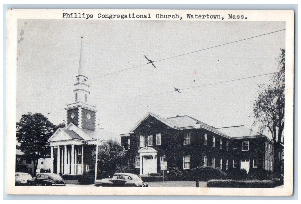 c1930's Philips Congregational Church Cars Watertown Massachusetts MA Postcard