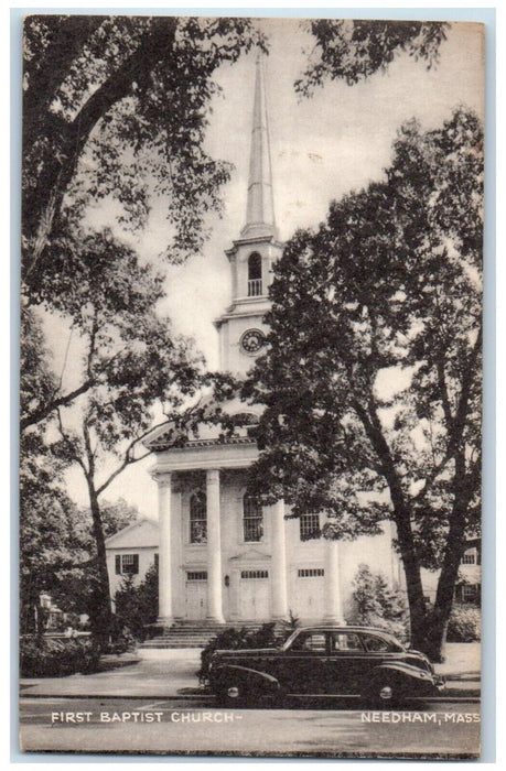 First Baptism Chruch Car Street View Needham Massachusetts MA Vintage Postcard