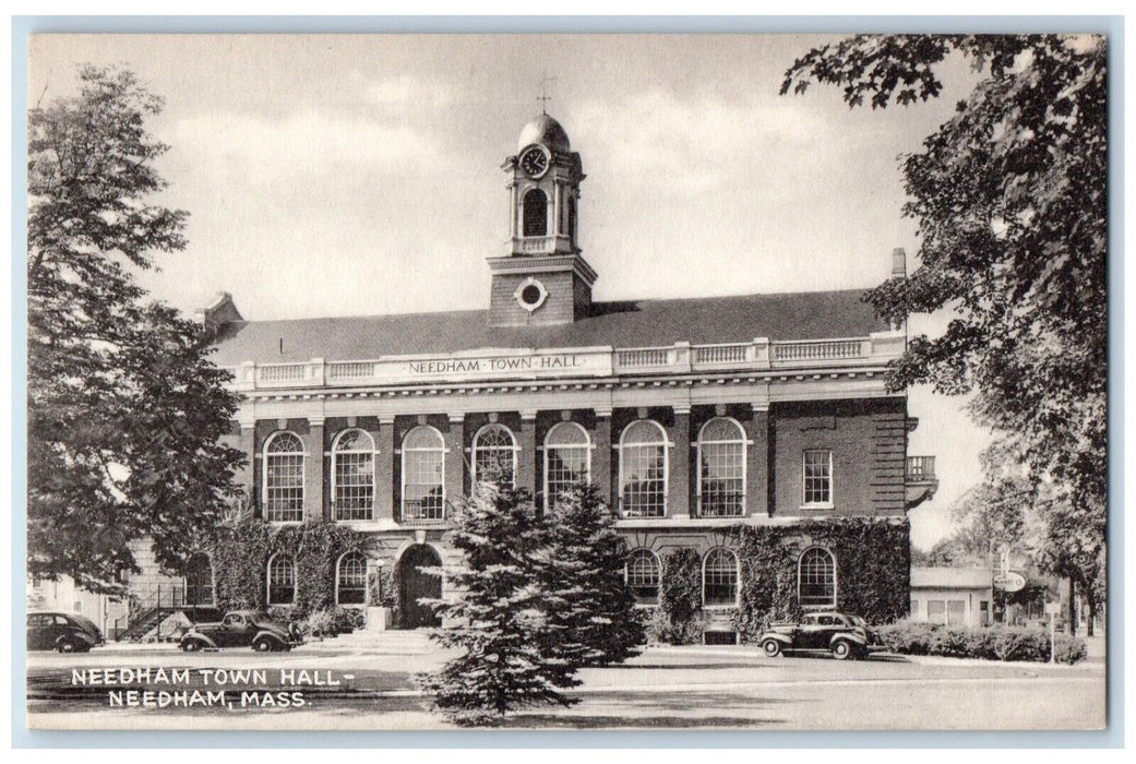 c1940's Needham Townhall Building Street Cars View Massachusetts MA Postcard
