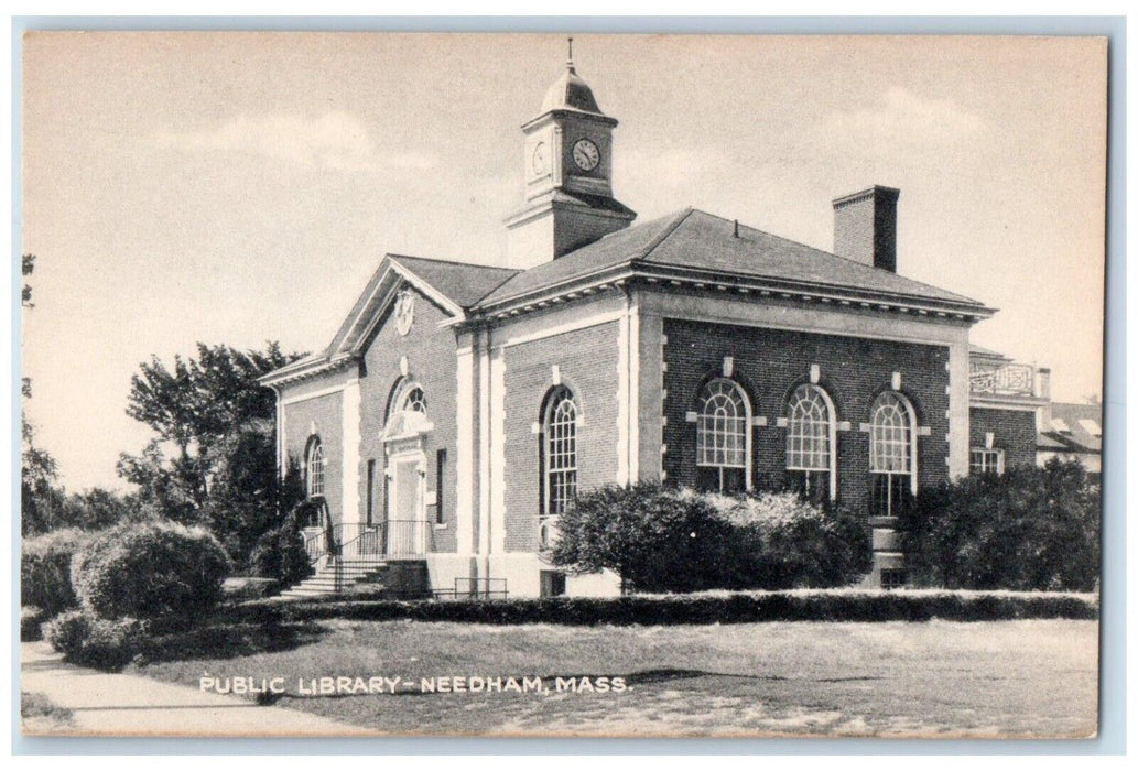 c1930's Public Library Tower Clock Building Needham Massachusetts MA Postcard