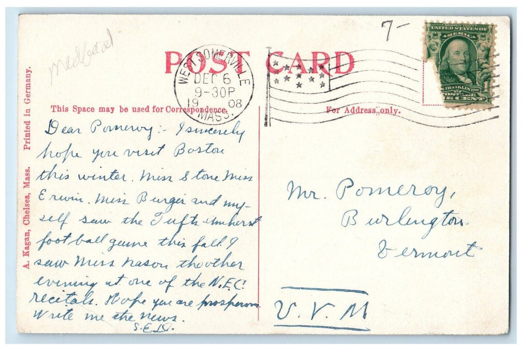 1908 Carnegie Library Tufts College Medford West Sommerville MA Antique Postcard