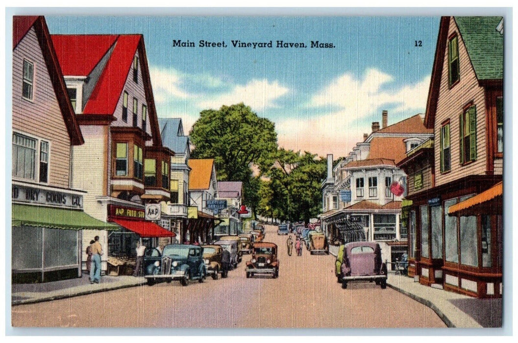 c1940's Main Street Cars Vineyard Haven Massachusetts MA Martha's Postcard