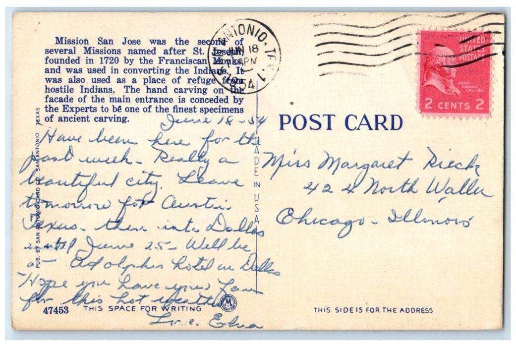 1954 Mission San Jose Second Mission San Antonio Texas Antique Vintage Postcard