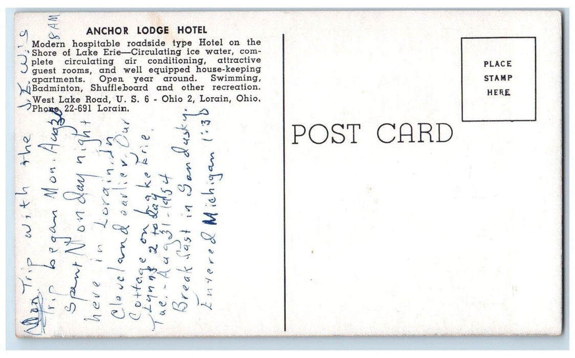 c1940 Anchor Lodge Hotel Modern Hospitable Roadside Hotel Lorain Ohio Postcard