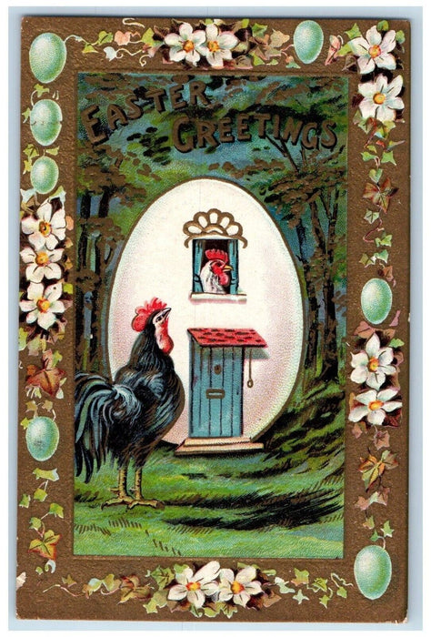 c1910s Easter Greetings Eggs House Door Window Rooster Flowers Embossed Postcard