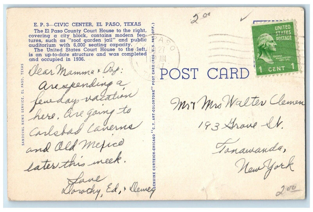 1947 Civic Center Court House City World War Memorial El Paso Texas TX Postcard