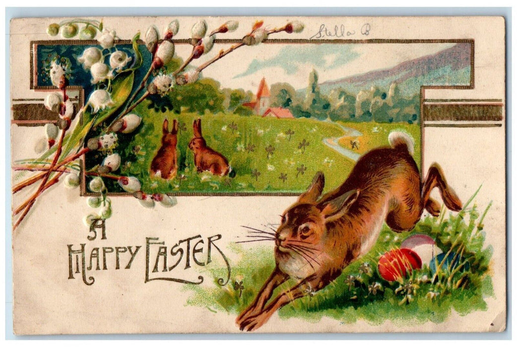 c1910's Easter Bunny Rabbit Playing Eggs Clover Embossed Antique Postcard