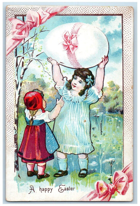 1910 Happy Easter Girls Found Giant Egg Nora Illinois IL Embossed Postcard