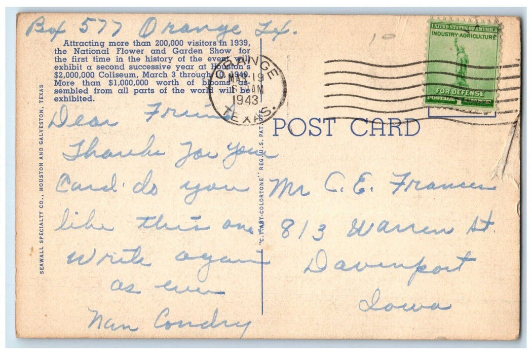 1943 National Flower and Garden Show Exhibit Houston Texas TX Postcard