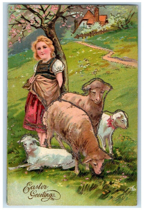 c1910's Easter Greetings Girl Lamb Blossom Tree Glitter Embossed Posted Postcard