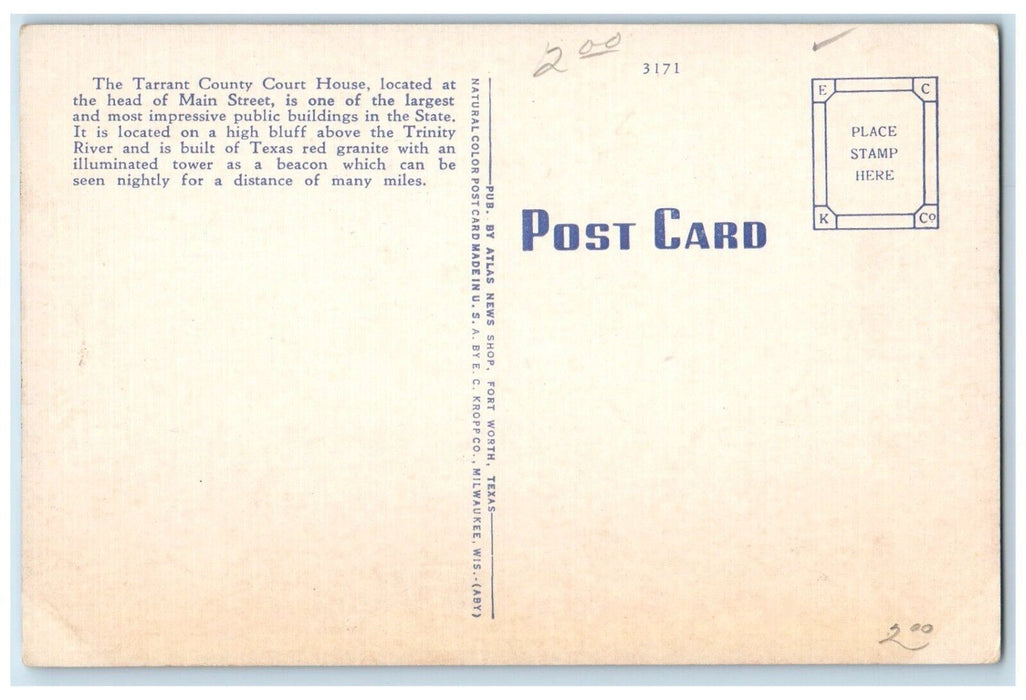 c1940 Tarrant County Court House Exterior Building Fort Worth Texas TX Postcard