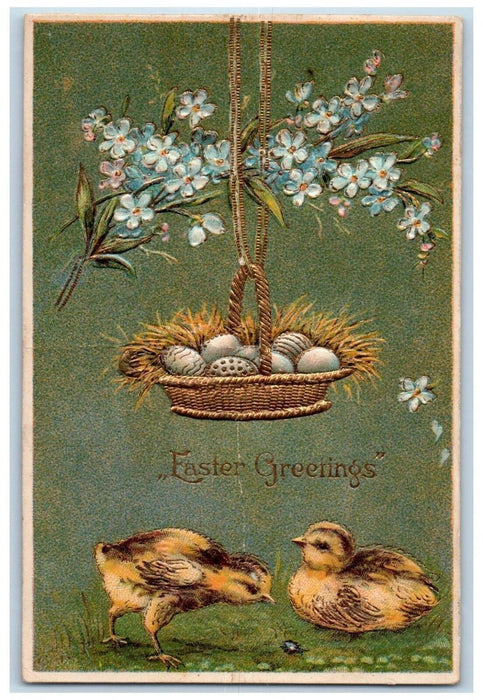 1909 Easter Greetings Hanging Egg Basket Chicks Pansies Flowers Antique Postcard