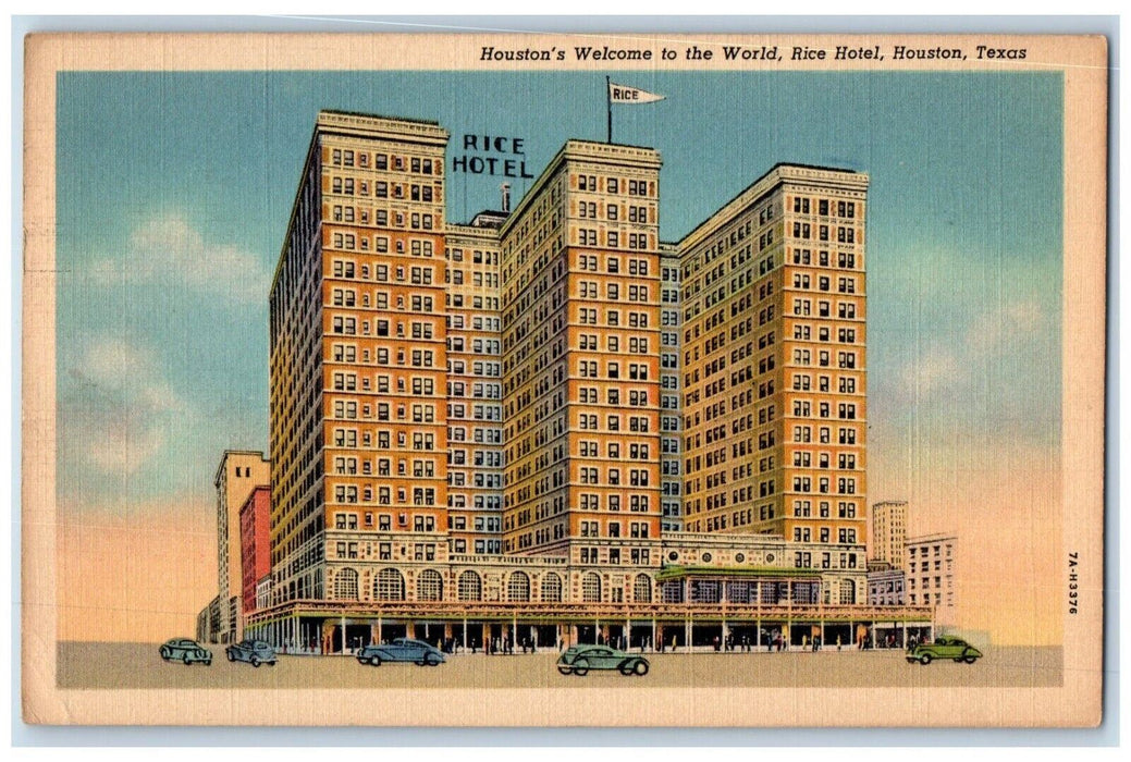 1938 Houston's Welcome to the World Rice Hotel Houston Texas TX Postcard