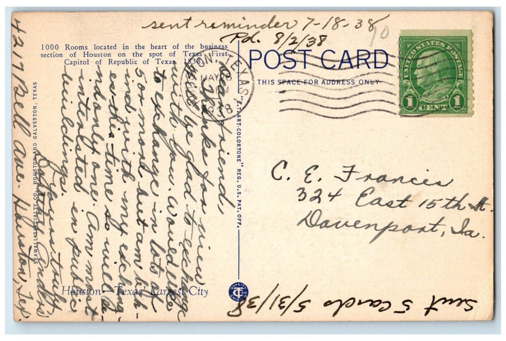 1938 Houston's Welcome to the World Rice Hotel Houston Texas TX Postcard