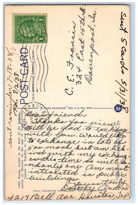 1938 Houston's Welcome to the World Rice Hotel Houston Texas TX Postcard