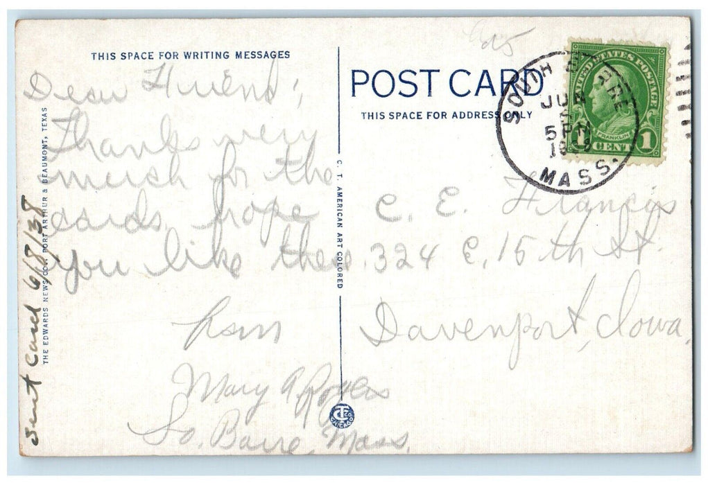 1938 Neches River Bridge Beaumont Texas TX South Barre Massachusetts Postcard