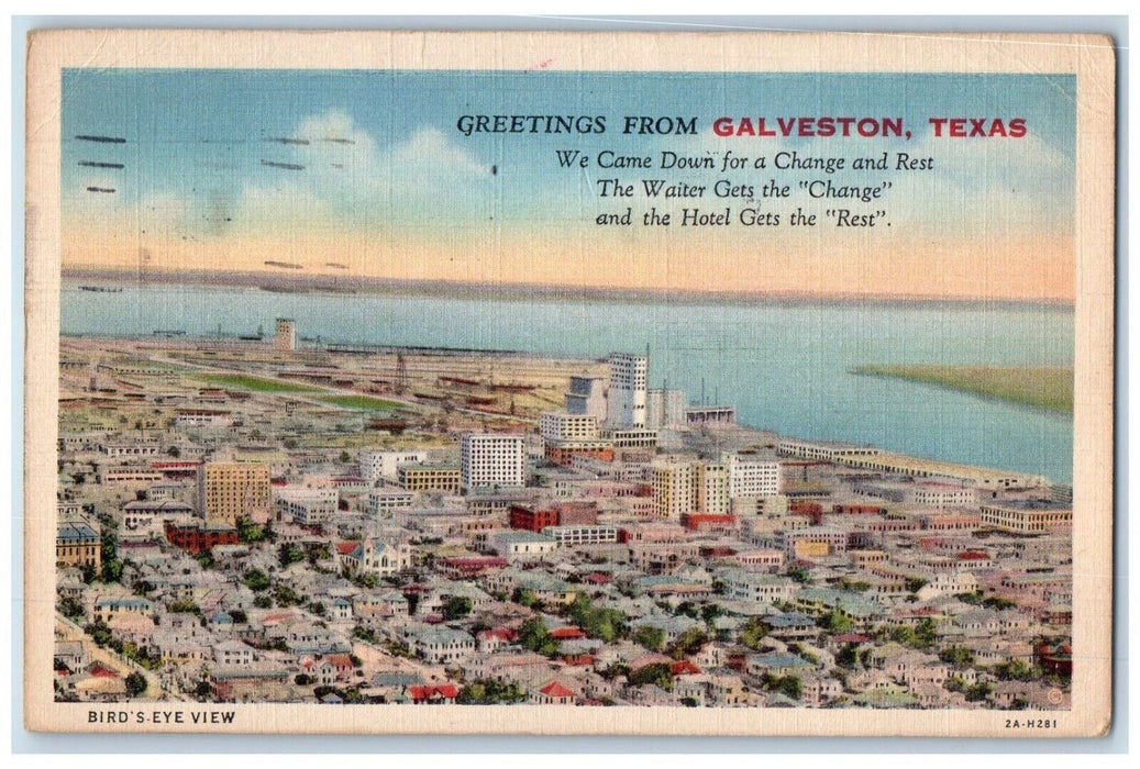 1936 Bird's Eye View Greetings from Galveston Texas TX Vintage Postcard