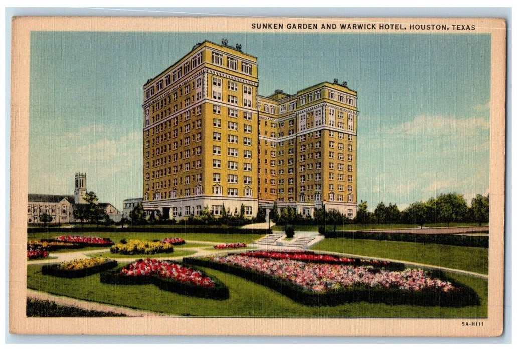 1938 Sunken Garden and Warwick Hotel Houston Texas TX Vintage Postcard