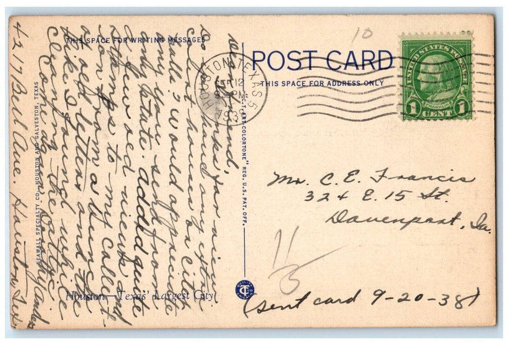 1938 Sunken Garden and Warwick Hotel Houston Texas TX Vintage Postcard