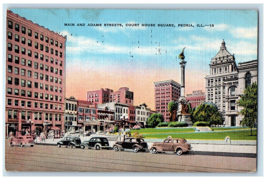 1940 Main Adams Street Court House Square Classic Cars Peoria Illinois Postcard