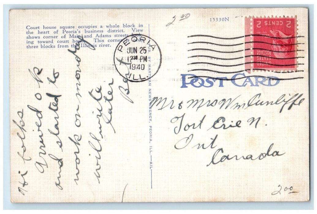 1940 Main Adams Street Court House Square Classic Cars Peoria Illinois Postcard
