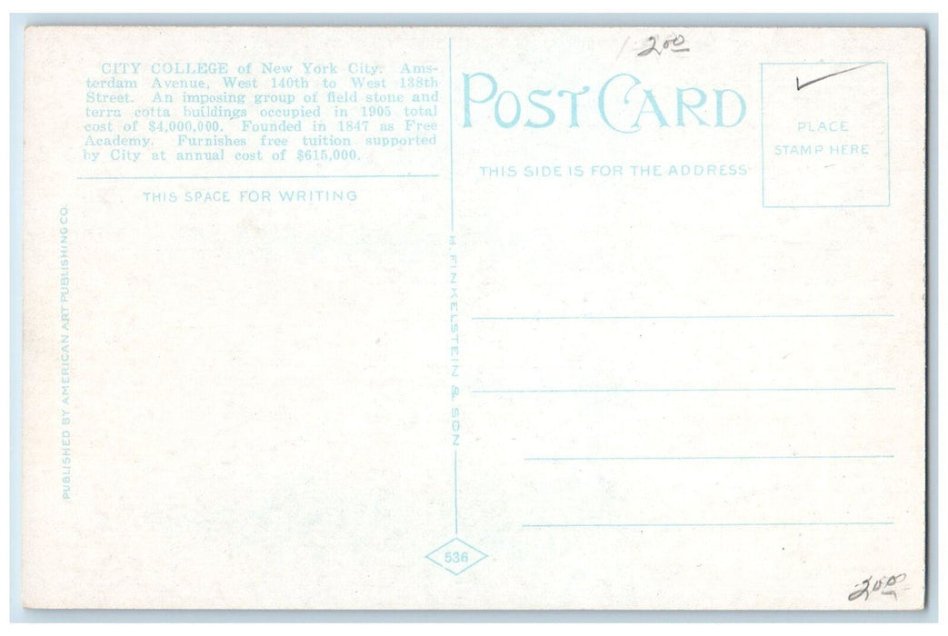 c1920's College Of The City Of New York Amsterdam Avenue NY Unposted Postcard