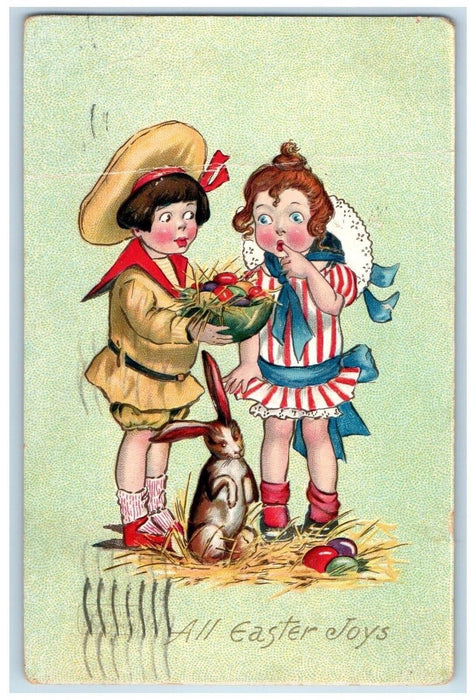 1910 Easter Girls Collecting Eggs Rabbit Embossed Posted Antique Postcard