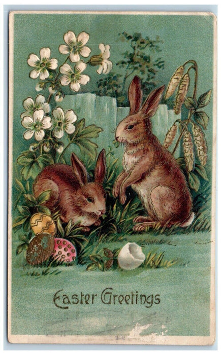 1908 Easter Greetings Hatched Egg Cattails Eggs Flowers Embossed Posted Postcard