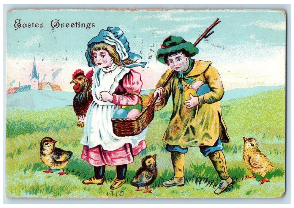 1910 Easter Greetings Boy Girl Rooster Chicks Egg Basket Posted Antique Postcard