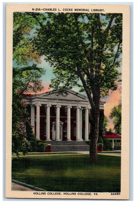 1908 Hollins College Charles L Cocke Memorial Library Virginia Unposted Postcard