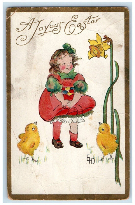 1911 Easter Cute Little Girl Eggs Chicks Flowers Marietta Ohio OH Postcard