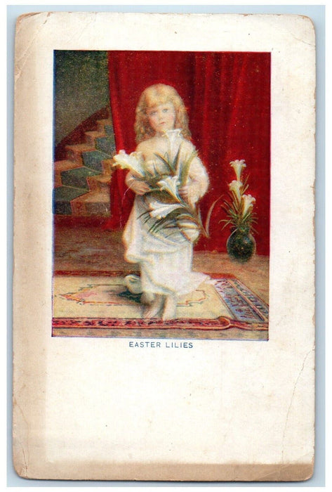 1908 Easter Lilies Girl Brown Curly Hair Blanket Stairs Posted Antique Postcard