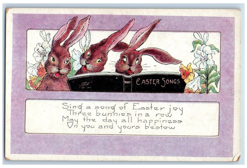 c1910's Easter Song Bunnies Rabbit Book Lily Flowers Unposted Antique Postcard