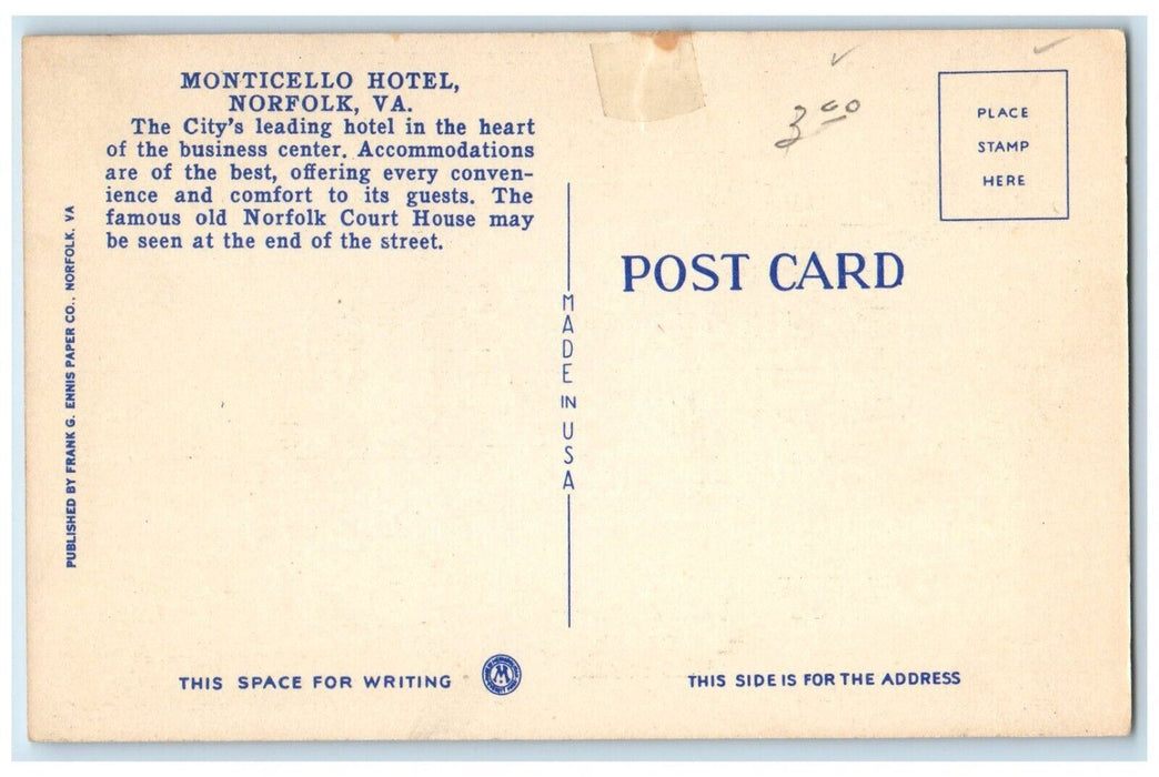 c1940 Monticello Hotel Famous Old Court House Exterior Norfolk Virginia Postcard