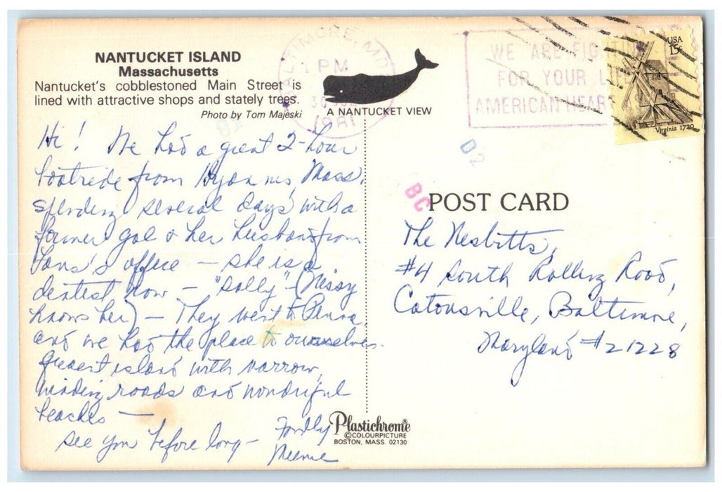 1981 View Of Main Street Nantucket Cobblestoned Island Massachusetts MA Postcard