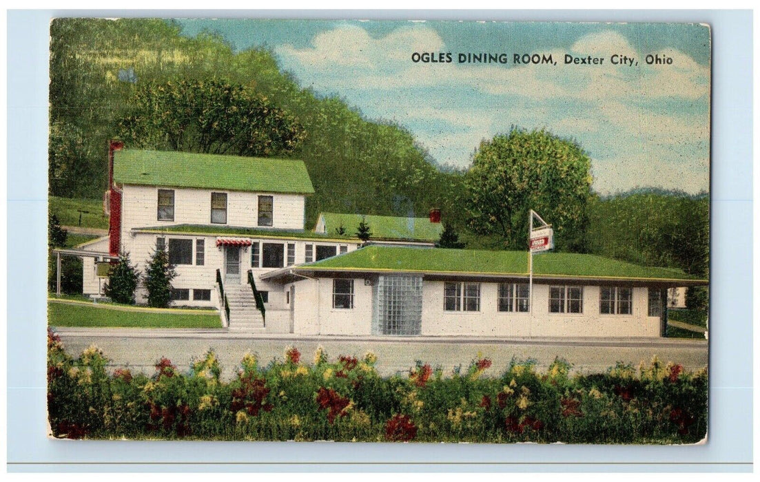 c1940 Ogles Dining Room Exterior Building Street Dexter City Akron Ohio Postcard