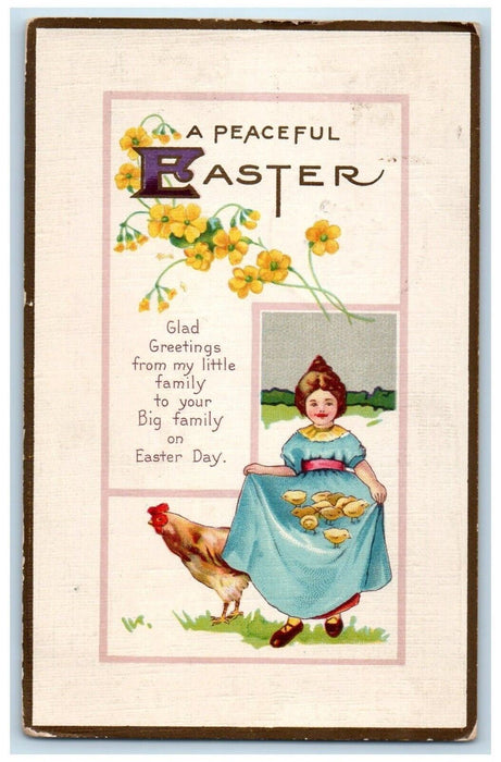 1915 Easter Greetings Girl Dress Chicks Yellow Flowers Fowler IN Posted Postcard