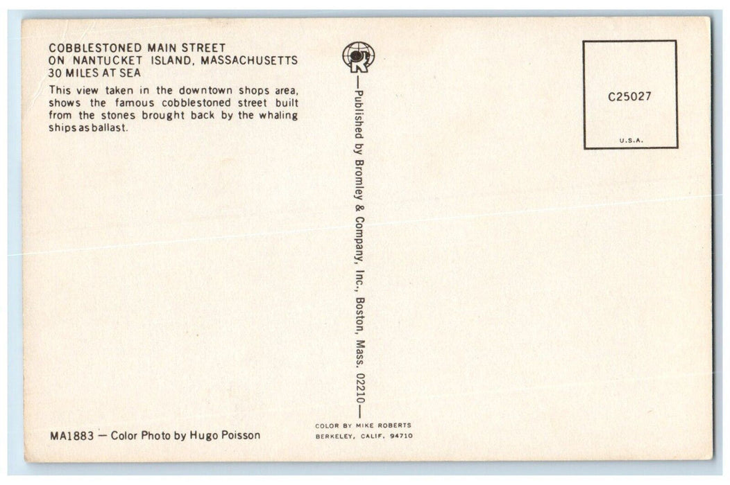 Cobblestoned Main Street View Cars Stores Nantucket Massachusetts MA Postcard