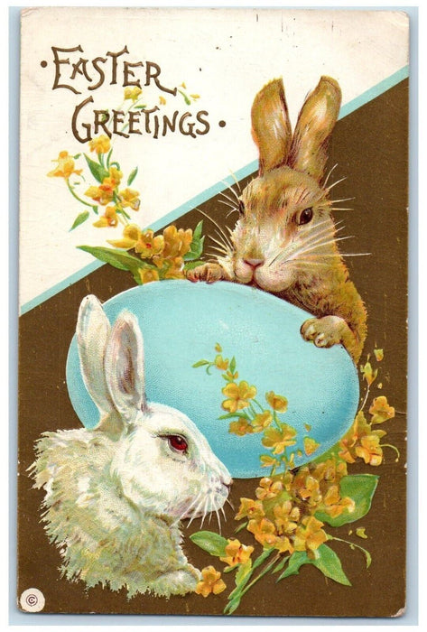 c1910's Easter Greetings Egg Bunny Rabbit Flowers Embossed Antique Postcard