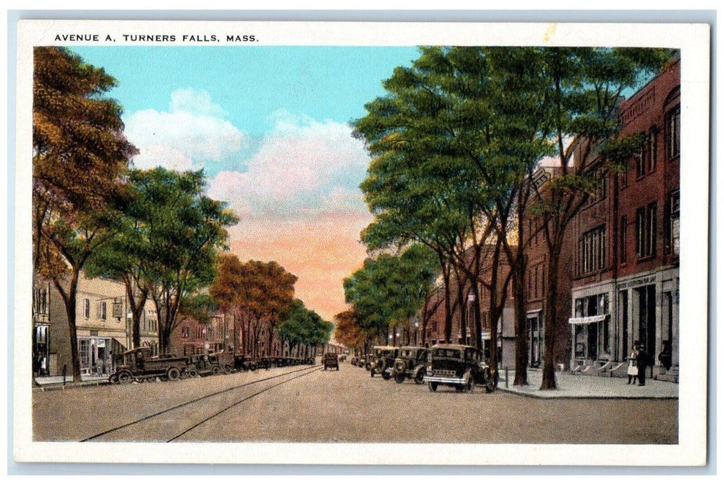 c1930's Avenue A. Turners Falls Massachusetts MA, Building Cars Vintage Postcard