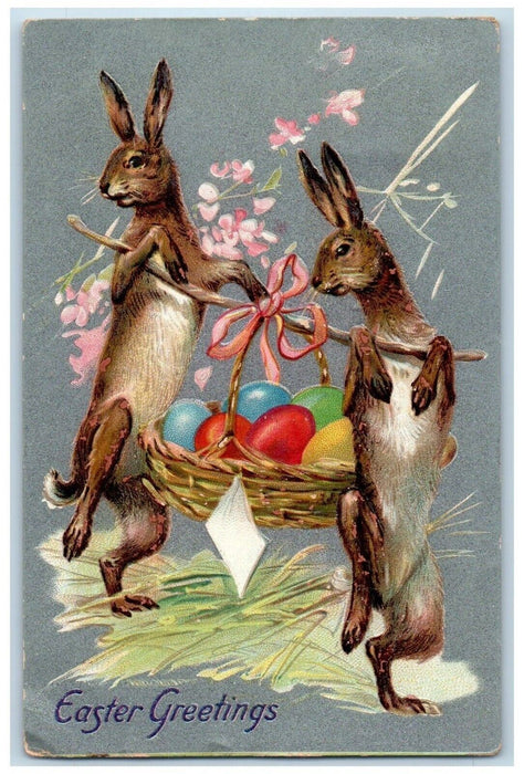 1909 Easter Greeting Bunny Rabbit Carrying Eggs Basket Tuck's Antique Postcard
