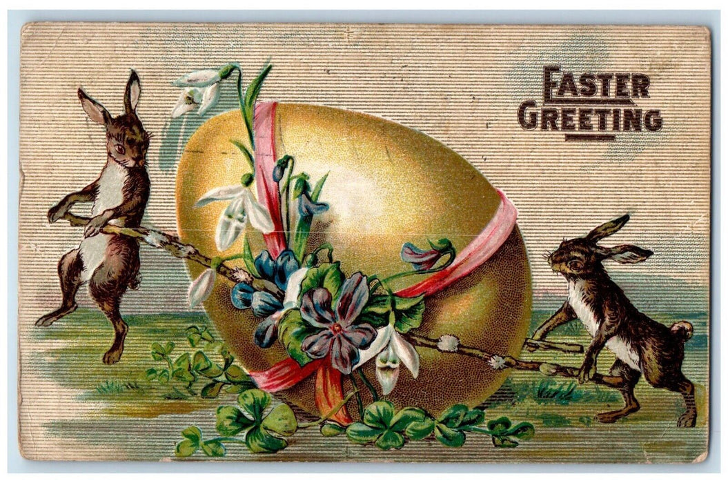 1910 Easter Greeting Egg Bunny Rabbit Flowers Clover Embossed Antique Postcard